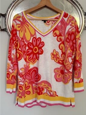 Talbots Pink & Yellow Floral V-Neck Pullover